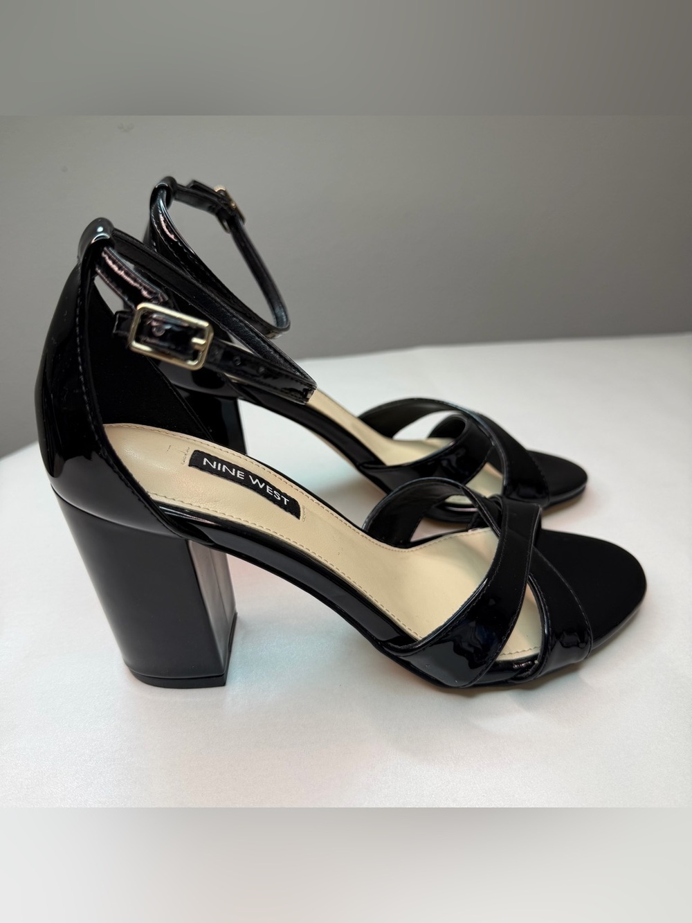 Nine West Black Patent Block Heel Sandals with Ankle Strap